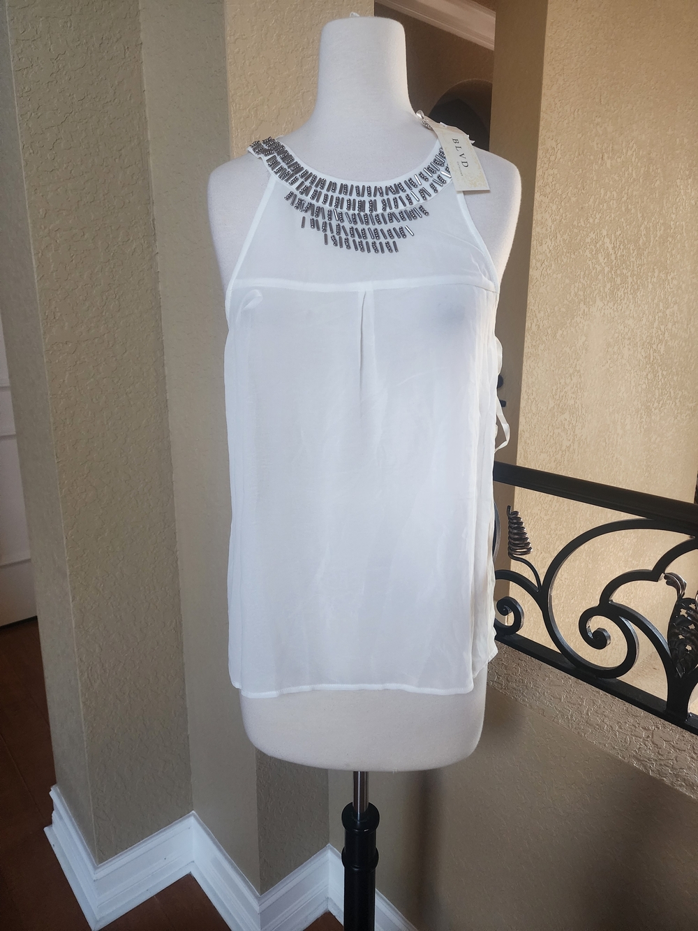 BLVD White Beaded Halter Neck Women's Tank